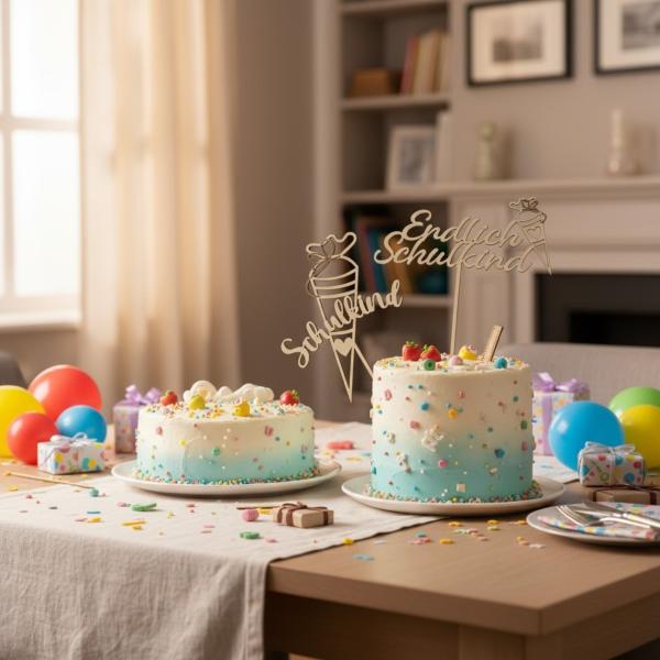 Holz‑Caketopper aus 3 mm Birkensperrholz mit Schriftzug „Endlich Schulkind“ und Schultüte